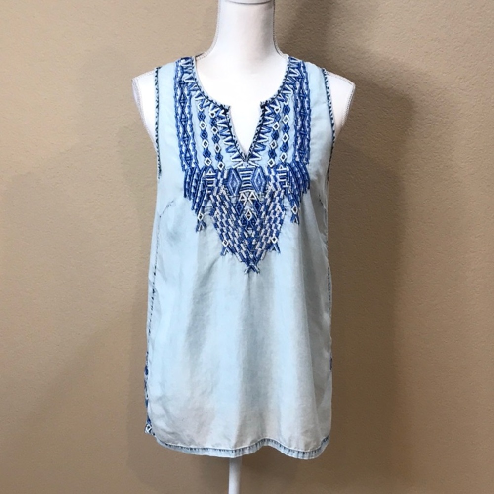 LUCKY BRAND Embroidered Blue Tunic
